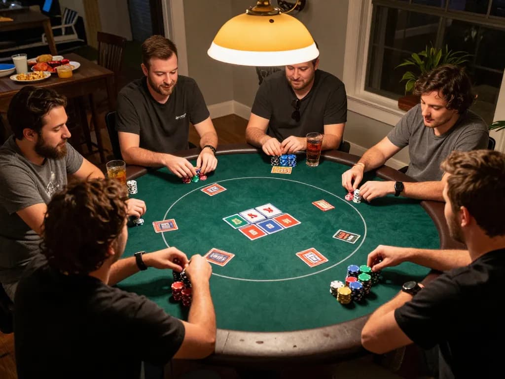 Players enjoying a competitive poker game night using 388bet strategies at a round table with snacks.