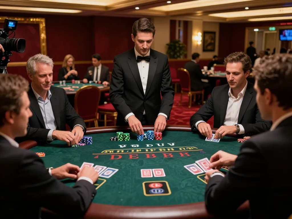 W69 players strategizing during an intense blackjack game at upscale casino