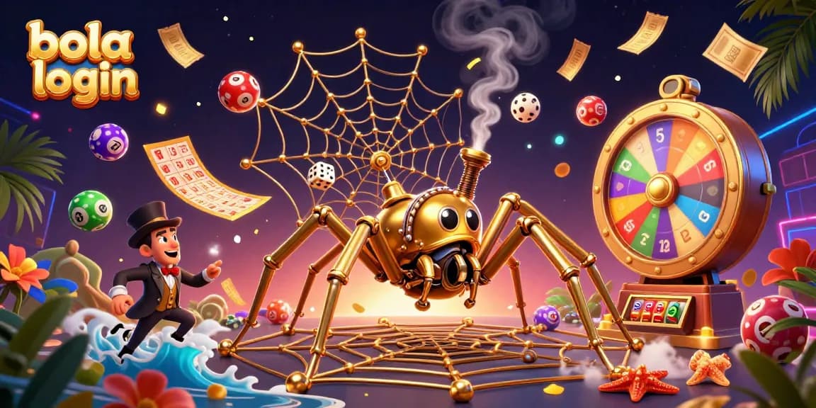 Engage with the thrilling bola login experience featuring a steampunk spider and colorful lottery elements soaring.
