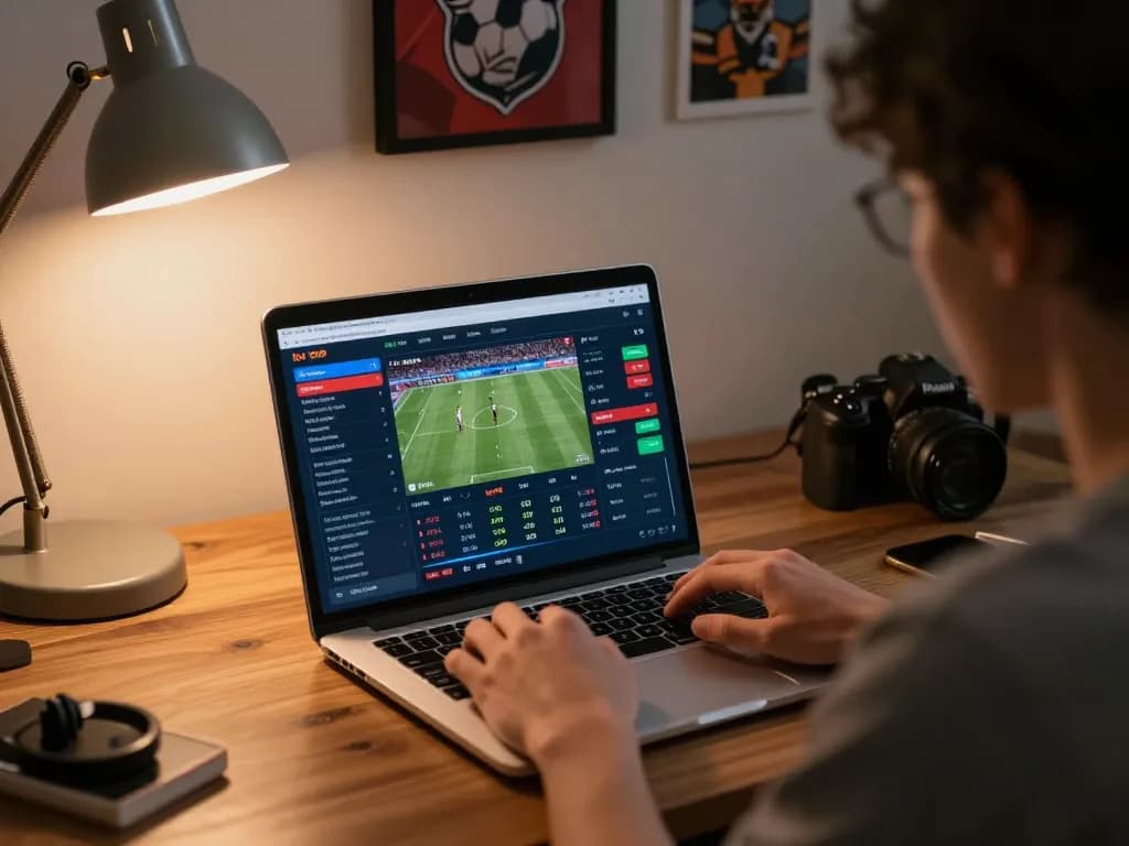 Person engaging in live sports betting on ko66 platform with laptop showing game odds.