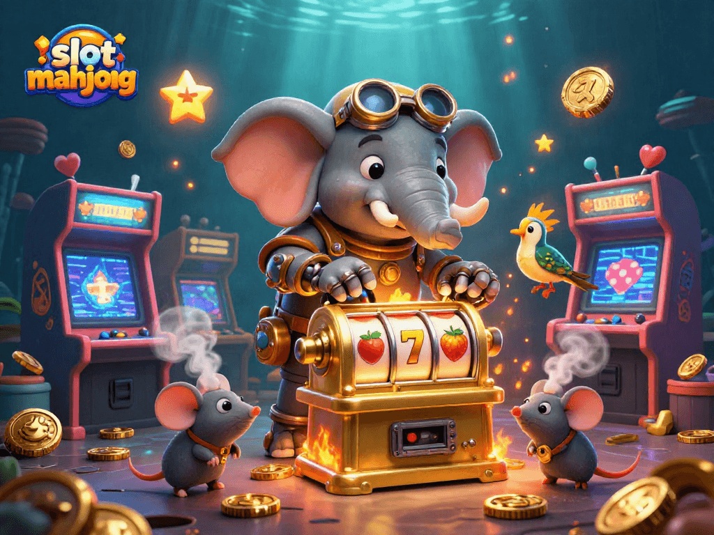 Experience the excitement of slot mahjong with a steampunk elephant operating a golden slot machine in a vibrant casino scene.