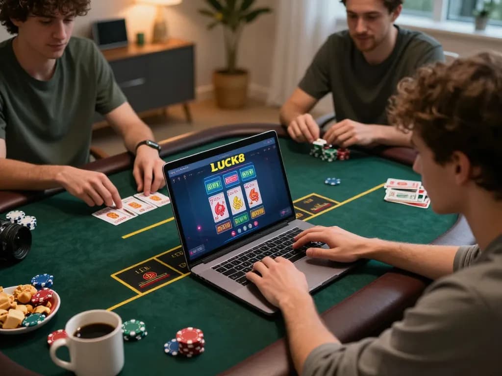Engaging scene of logging into LUCK8 online casino from home, showcasing player with laptop and gaming interface.