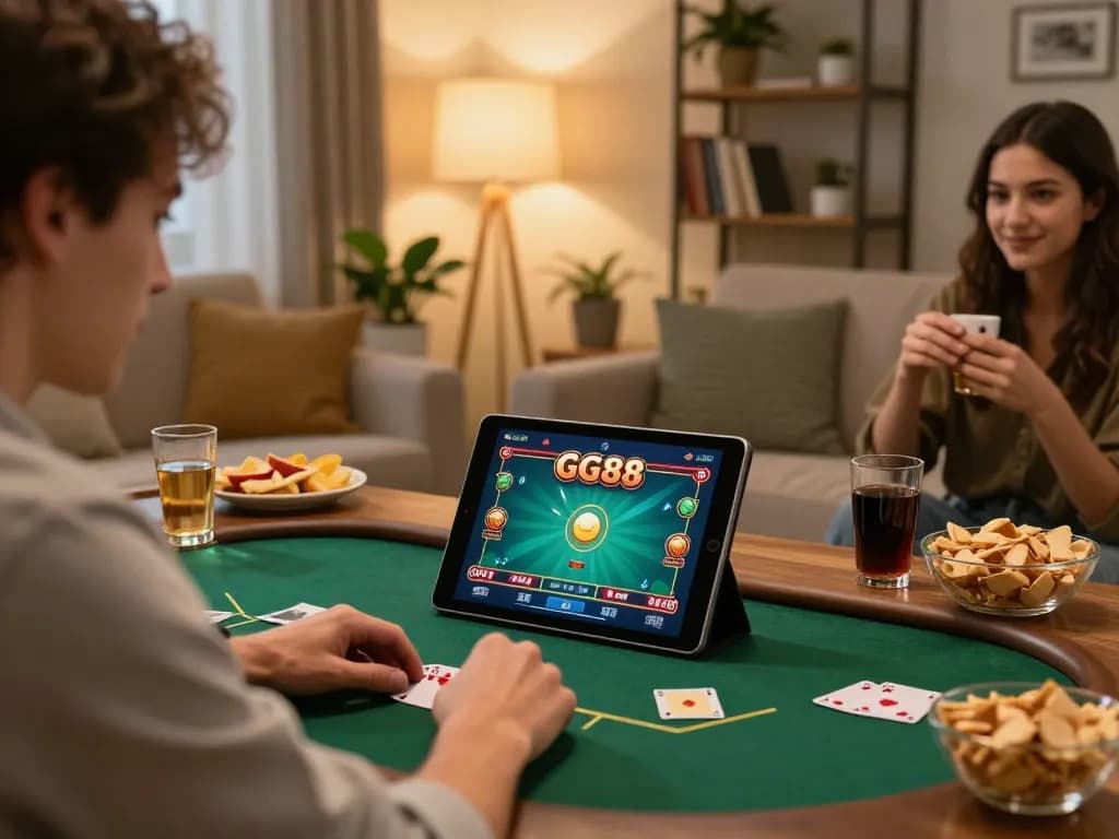 Player enjoying a GG88 online poker game on tablet in a cozy home setting.