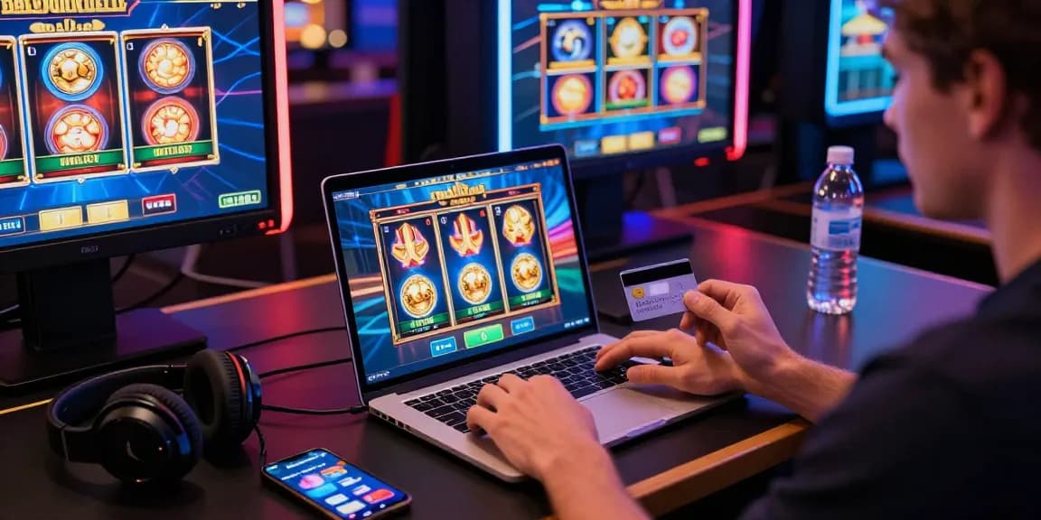 Player enjoying credit card online casinos at a vibrant gaming desk with colorful displays.