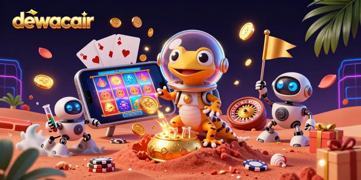 Play under the stars with dewacair, showcasing a golden casino, vibrant slot games, and cheerful alien camaraderie.