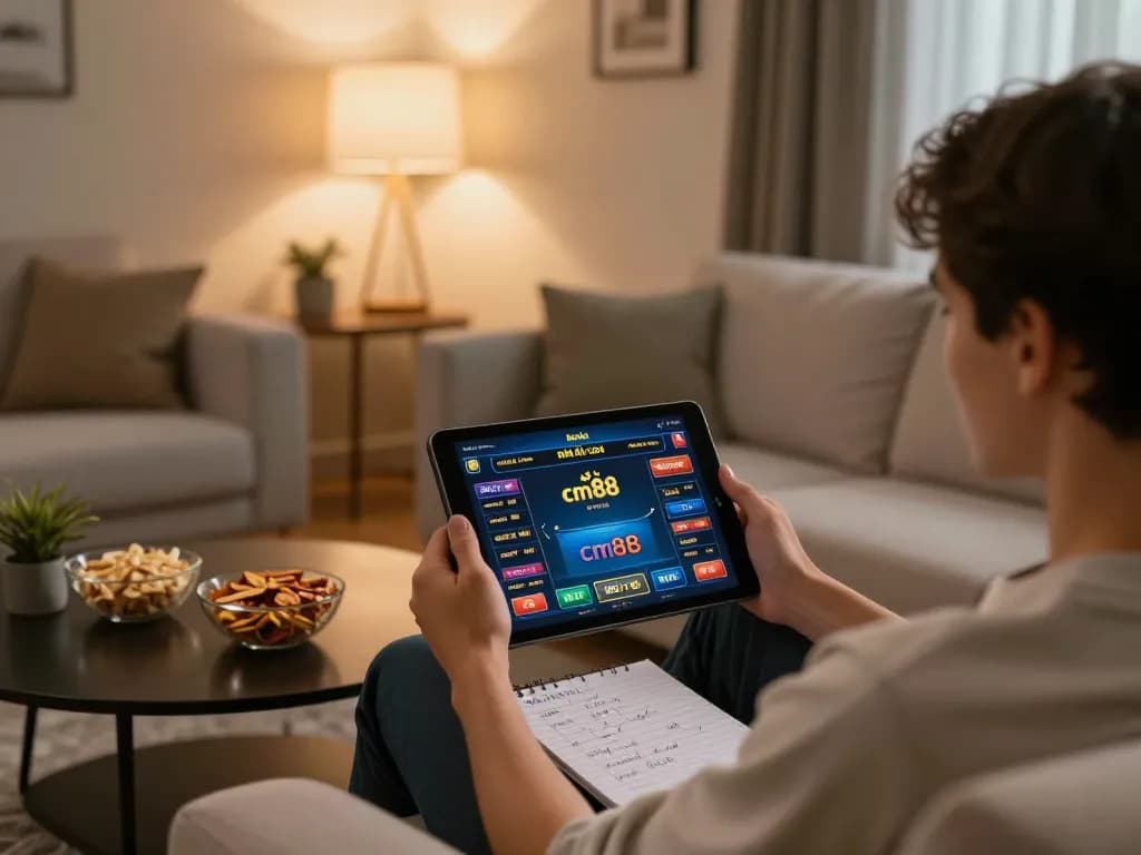 Player enjoying游戏 at nhà cái cm88 on a tablet in a cozy home setting with strategy notes.