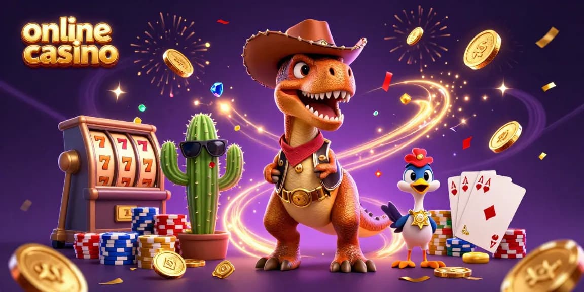 Experience the thrill of online casino gaming with a cartoon dinosaur and exciting slot machines!