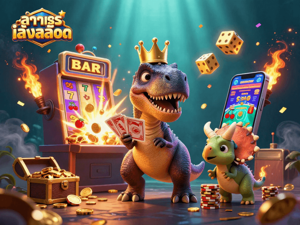 Engage with ทดลองเล่นสล็อต in a vibrant casino scene featuring animated dinos and explosive jackpots.