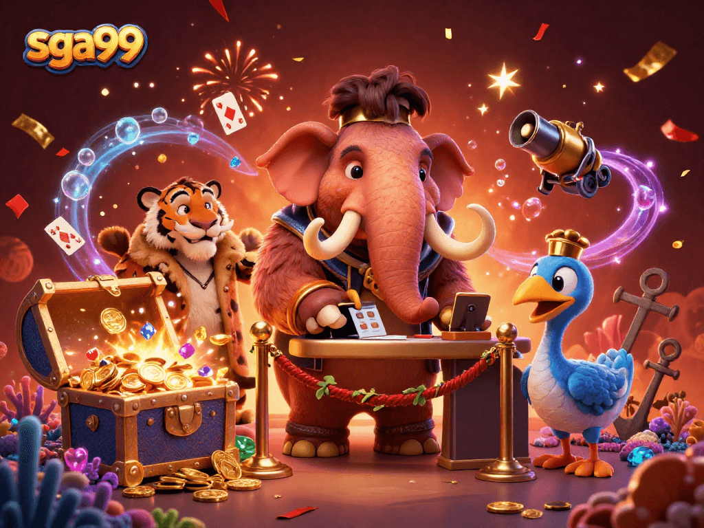 Experience the excitement of sga99 with vibrant gaming elements in a dynamic 3D casino scene.