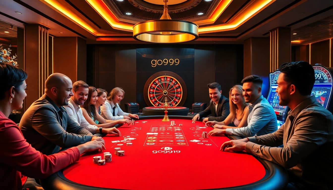 Players engaging intensely at a poker table in a vibrant casino scene inspired by go999.