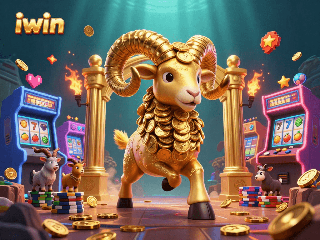 Experience iwin's golden ram charging through a dynamic casino-themed scene filled with vibrant gaming elements.