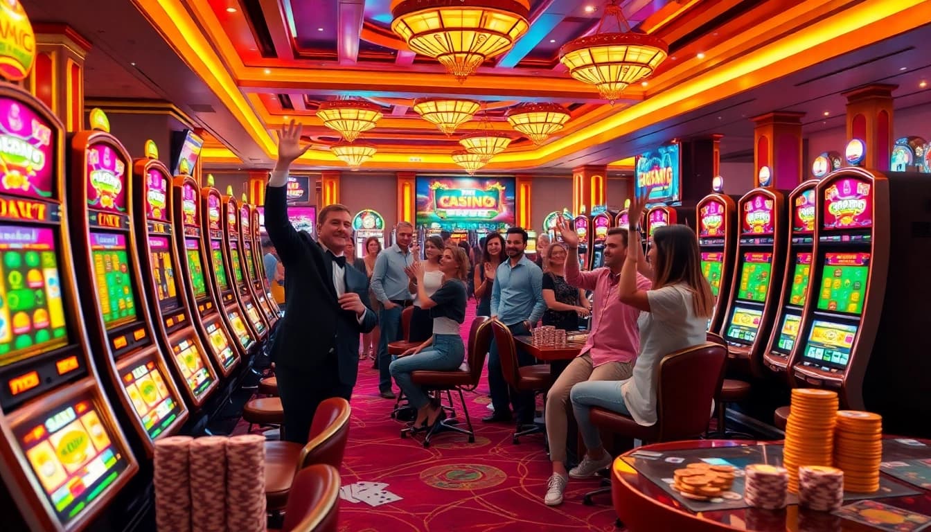 Players enjoying slot gacor terpercaya machines in a vibrant casino setting with celebratory ambiance.