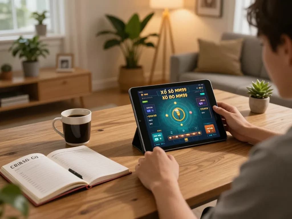 Xổ Số MM99 player analyzing game strategies on tablet in a cozy home setting.