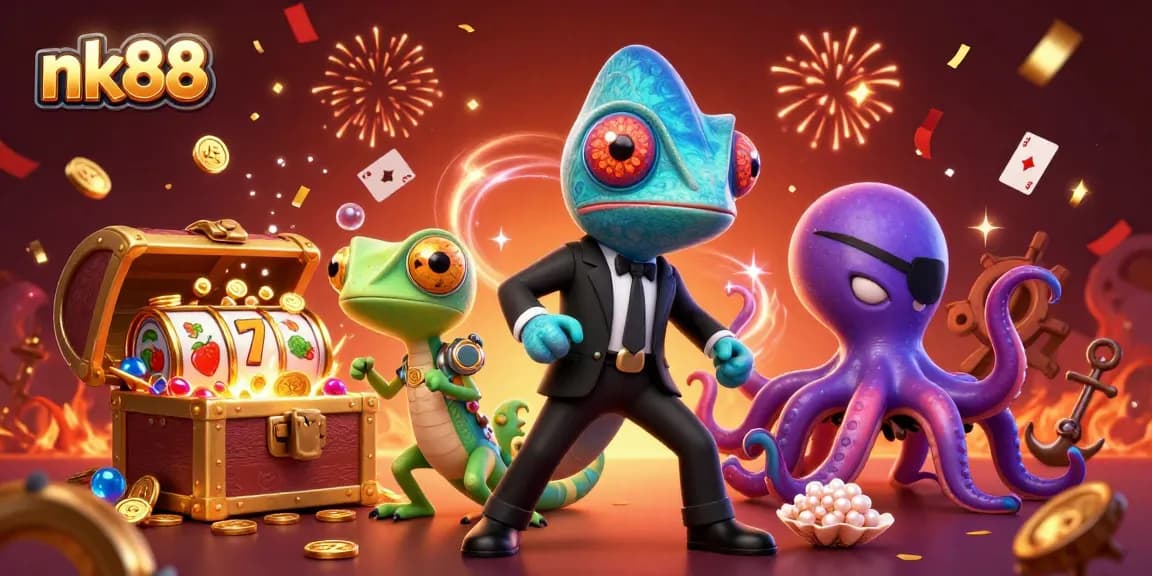 Experience nk88 with dynamic chameleon characters amidst vibrant slot game elements and casino treasures.