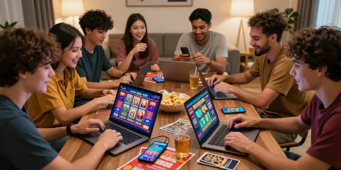 Friends enjoying the gamebaidoithuong is experience with online card games and slots, showcasing excitement and camaraderie.