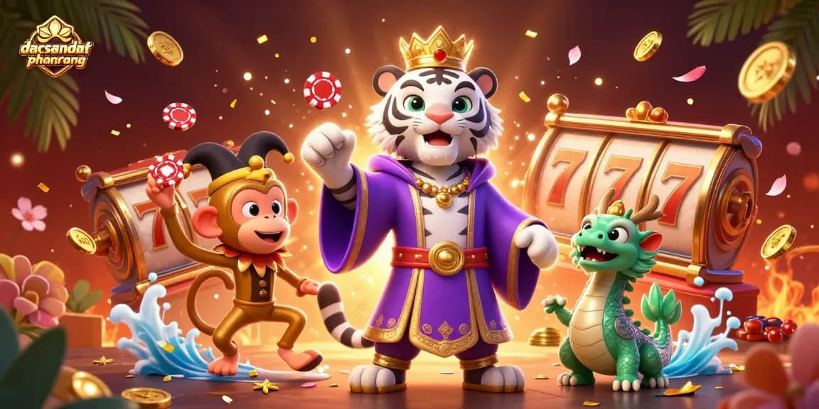 Engage with dacsandatphanrang's dynamic scene of an elegant tiger and playful monkey in a vibrant casino atmosphere.