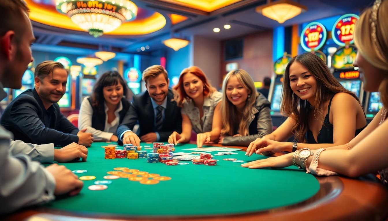 Casinospielen: Spieler genießen spannende Casino-Atmosphäre mit Chips und Karten.
