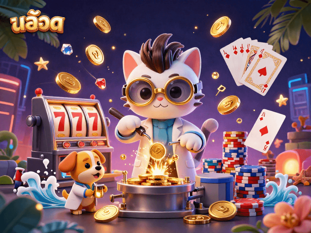 Experience the thrill of สล็อต with interactive slots and vibrant casino elements in this dynamic illustration