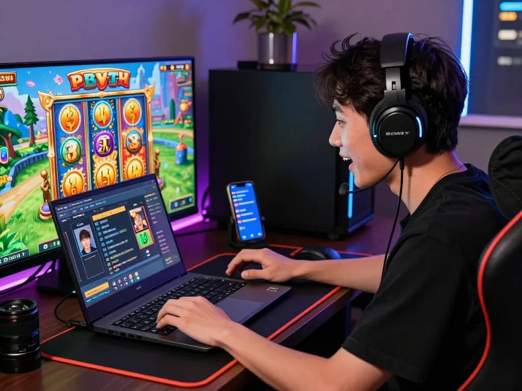 Pemain yang menikmati permainan situs slot di pengaturan laptop gaming yang cerah, menunjukkan kegembiraan dan keterlibatan dalam lingkungan online yang dinamis.