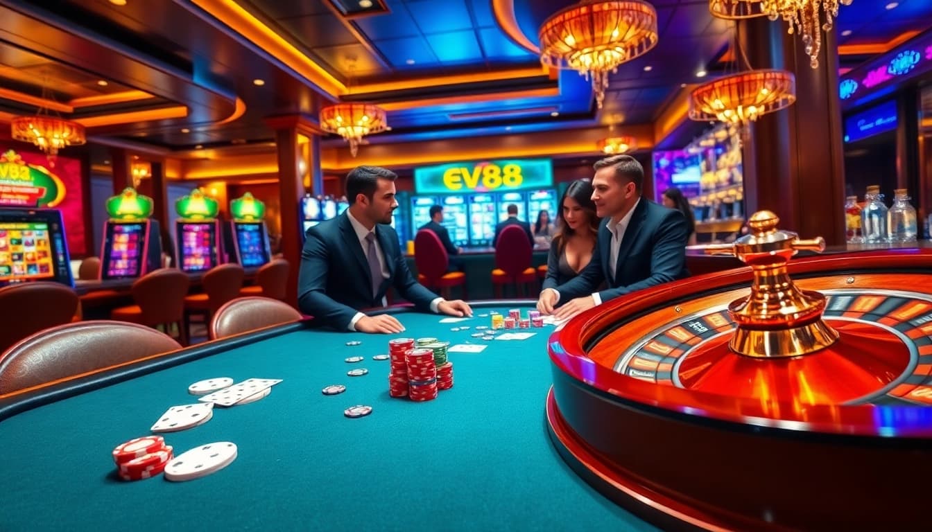 Engaging poker players at Ev88's luxurious casino table showcasing thrill and excitement.