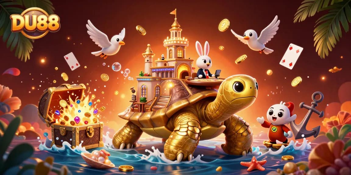 Dive into the DU88 gaming experience with a whimsical casino scene featuring vibrant characters and treasure.
