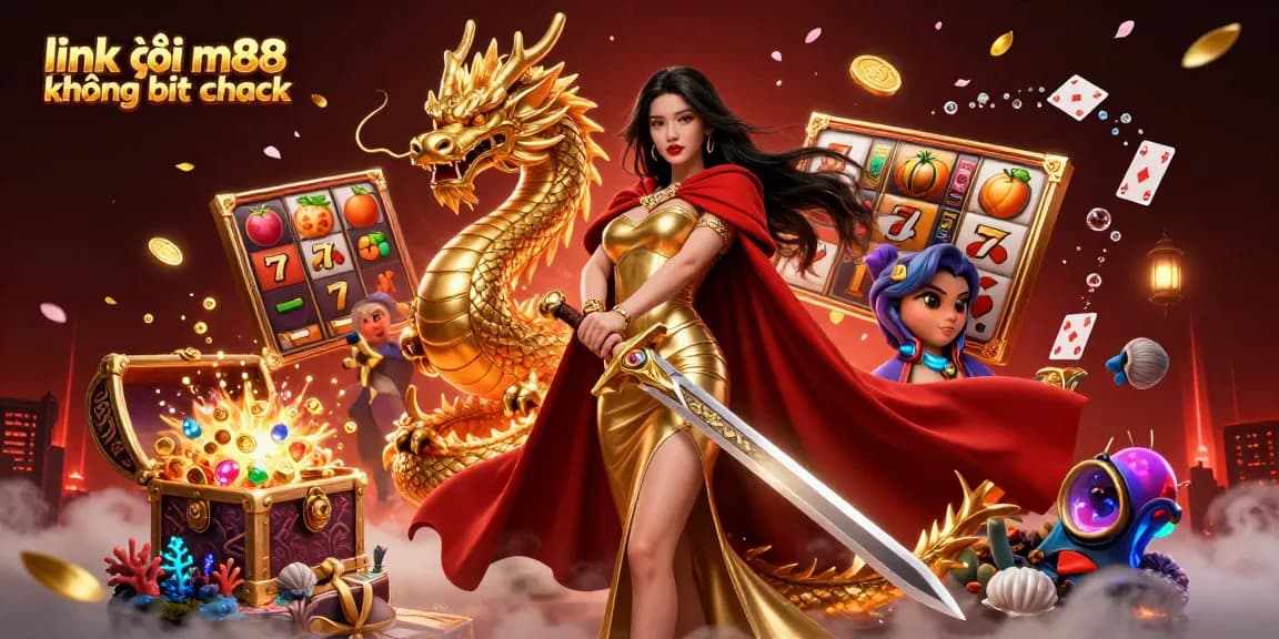 Chơi các trò chơi casino một cách tự tin với link vào m88 không bị chặn, với hình ảnh một nữ chiến binh và rồng trong bối cảnh huyền bí.