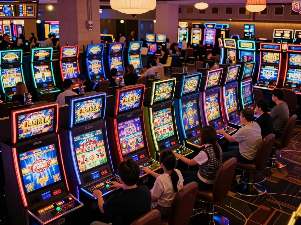 Players enjoying Slot88 machines with colorful displays and engaging sounds in a vibrant casino