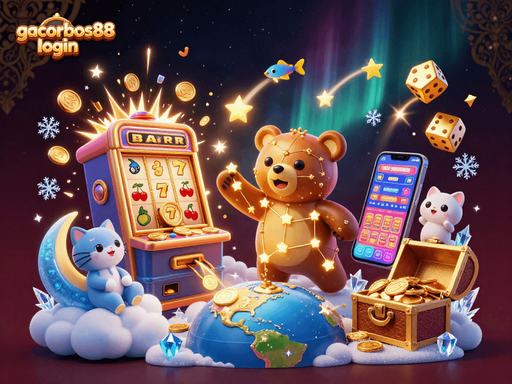 Play and win big with gacorbos88 login's vibrant 3D casino adventure featuring constellation bear and slot machines.