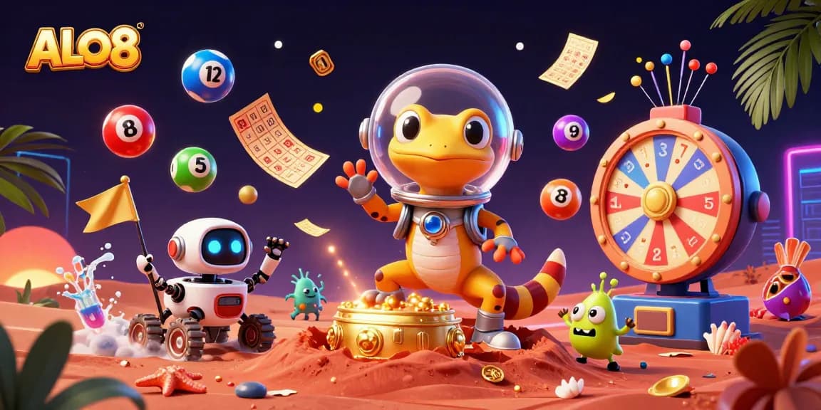 Experience ALO8's excitement with a lively scene featuring a Martian gecko discovering a buried casino.
