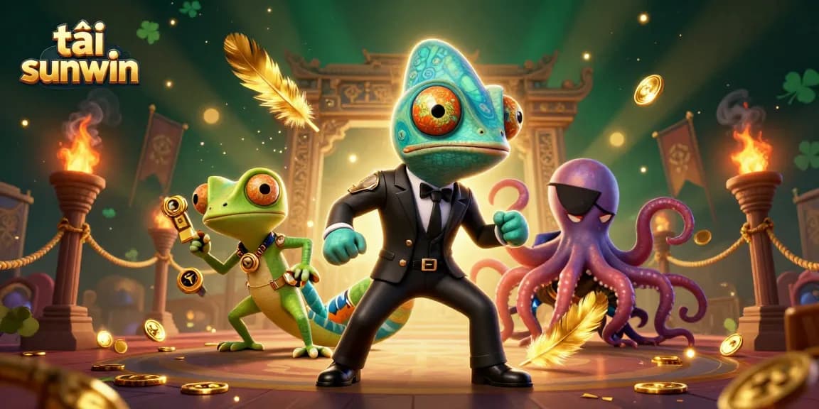 Play tải sunwin with a dynamic 3D scene, featuring a chameleon, gecko, and octopus amidst casino elements.