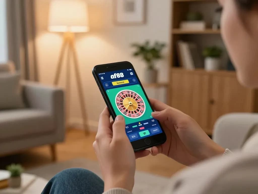 Player engaging with casino games on af88 app, showcasing online gaming experience in a cozy setting
