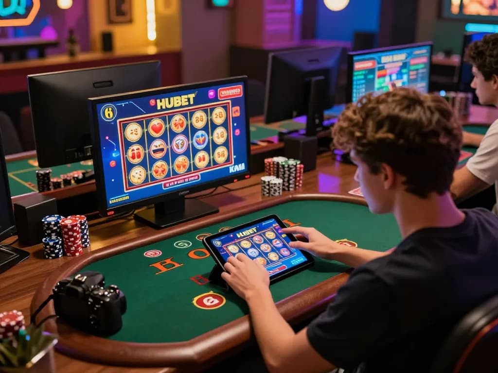 Engaged player enjoying HUBET online casino gaming on a tablet, showcasing lively gambling atmosphere.