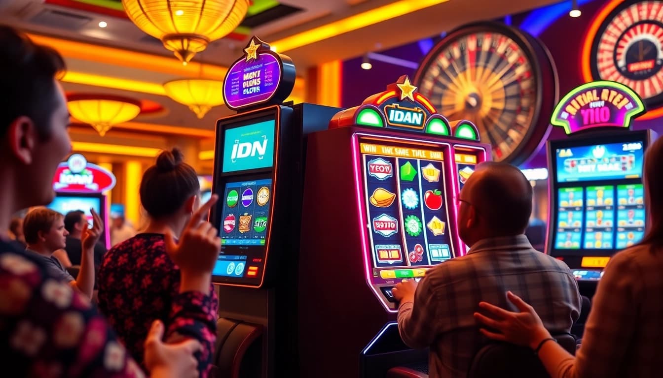 Players celebrating big wins at an IDN slot machine in a vibrant casino setting.