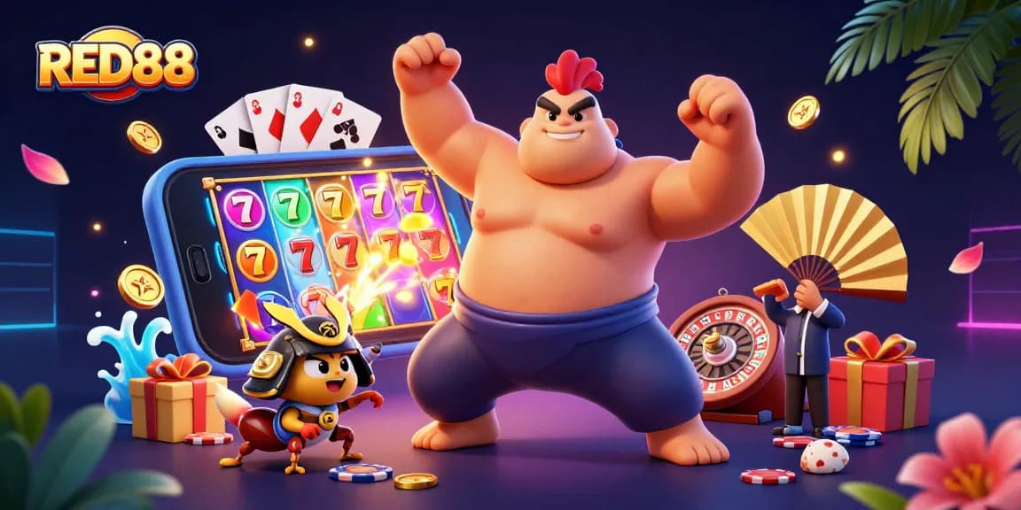 Experience thrilling moments at RED88 with an energetic casino scene featuring unique characters and vibrant gaming elements.