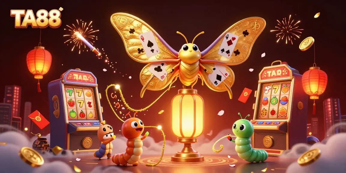 TA88 showcases a vibrant casino scene with a golden moth, slot machines, and festive decorations.