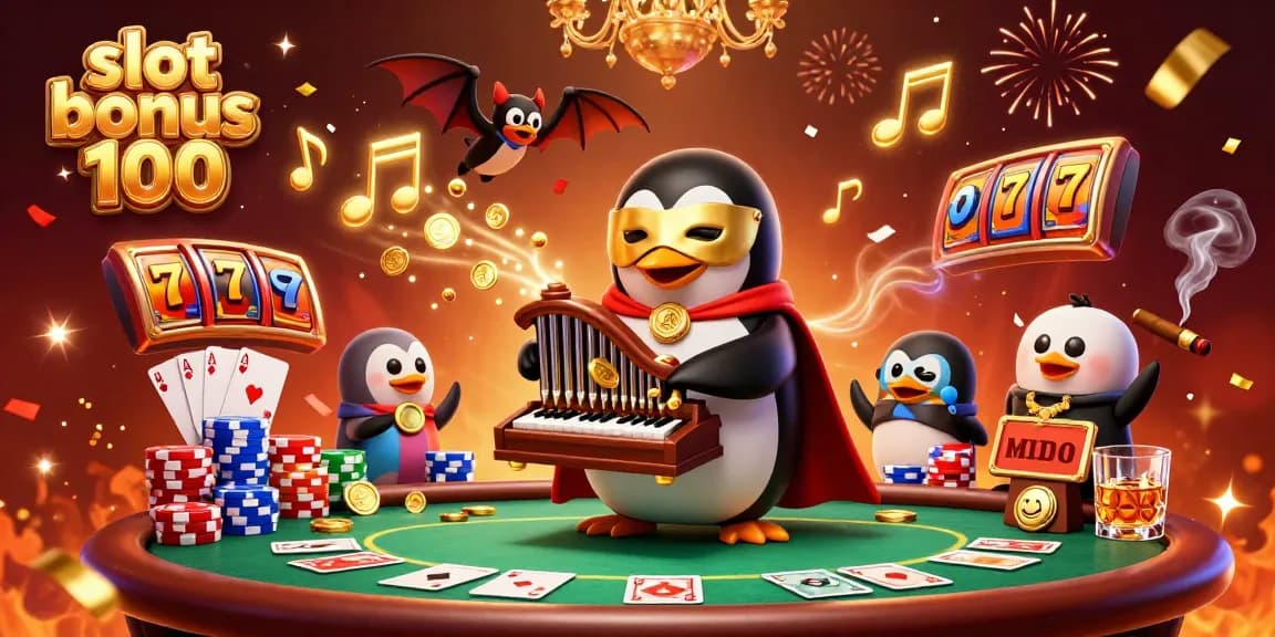 Experience the thrill of the slot bonus 100 with a whimsical penguin and golden coins cascading from an organ.