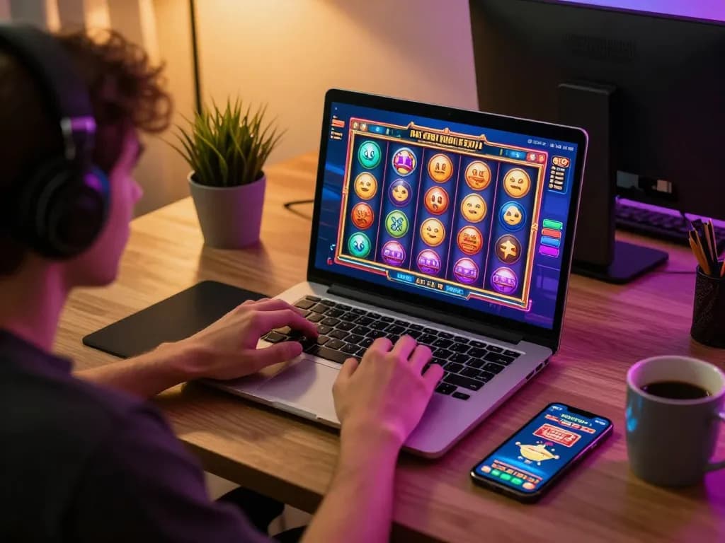 Enjoying situs slot online with colorful game interface on laptop during casual gaming
