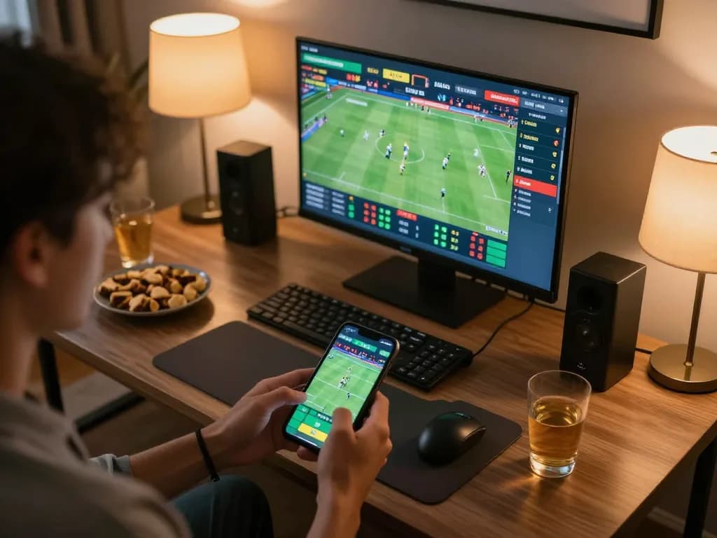 Placing live sports bets on luongsontv app in a cozy living room setting with multiple screens.