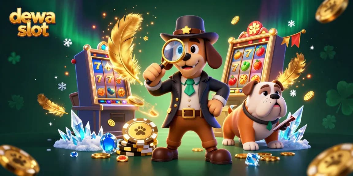 Experience the thrill of dewa slot with a detective theme, highlighting casino excitement and golden chips.