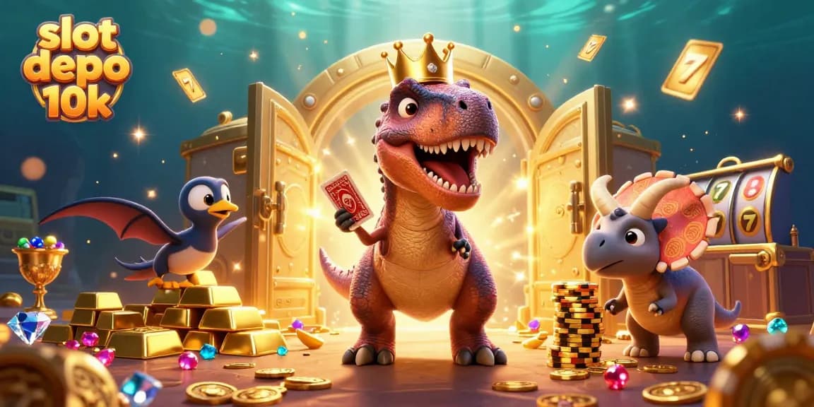 Experience the thrill of slot depo 10k with a playful T-Rex shuffling cards alongside colorful gems and golden treasures.