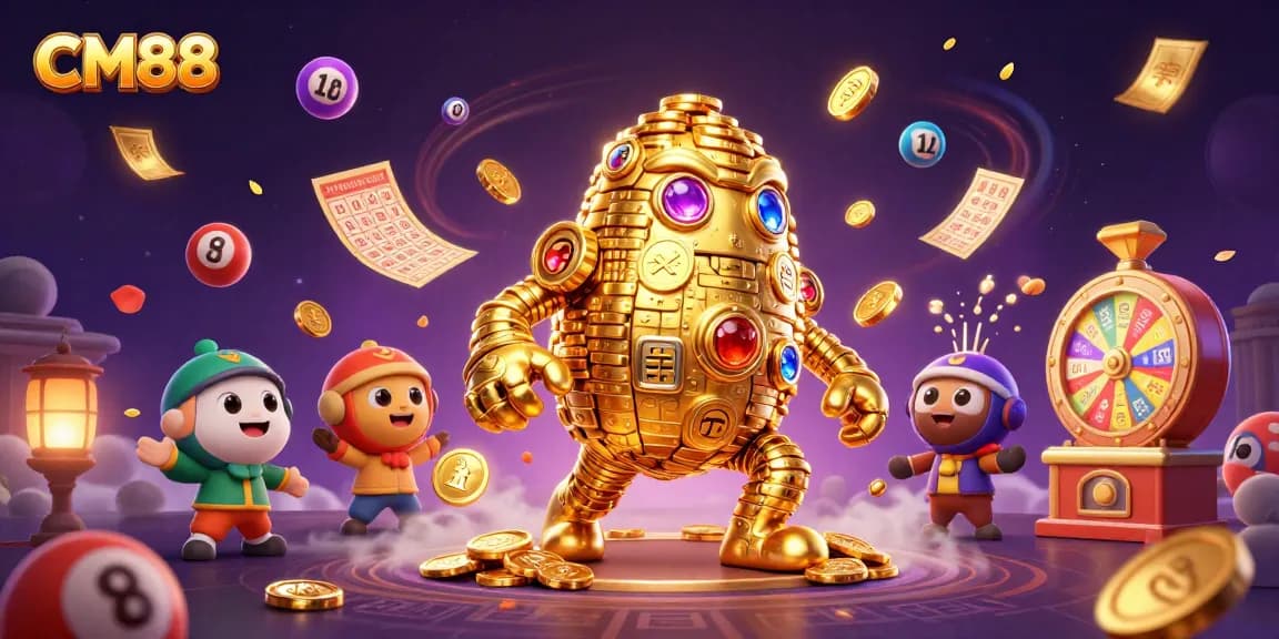 Engage in thrilling lottery excitement at CM88 with vibrant visuals showcasing golden golems and dynamic game elements.