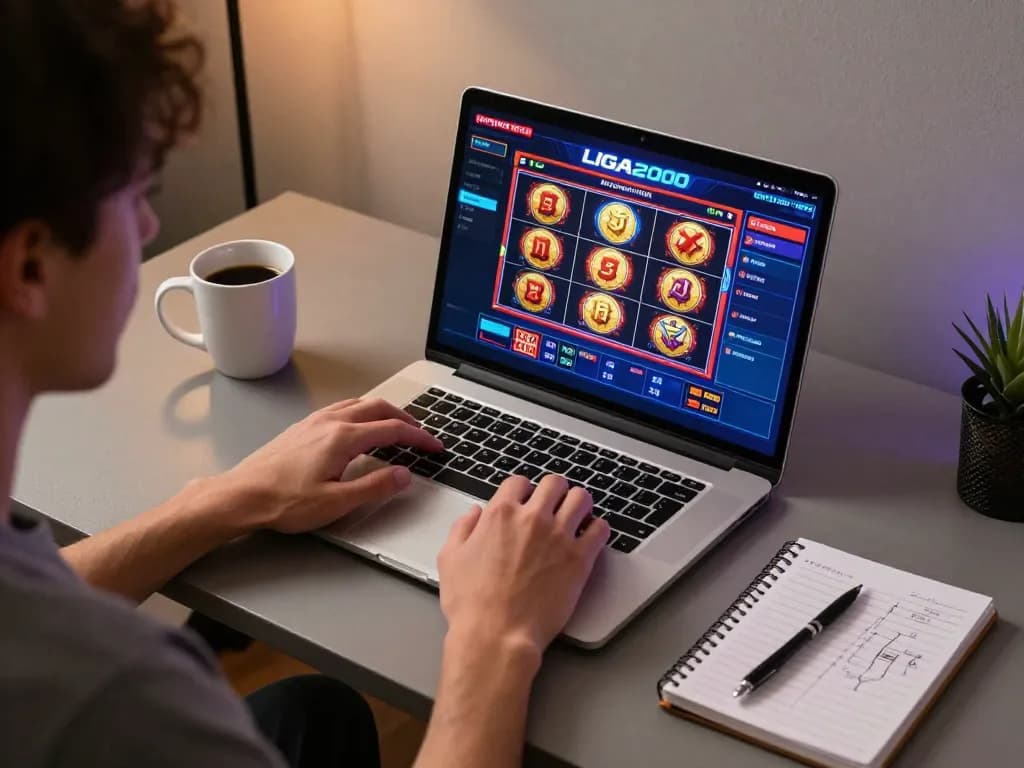 LIGA2000 player engaging with vibrant online slots on a laptop in a cozy home setup.