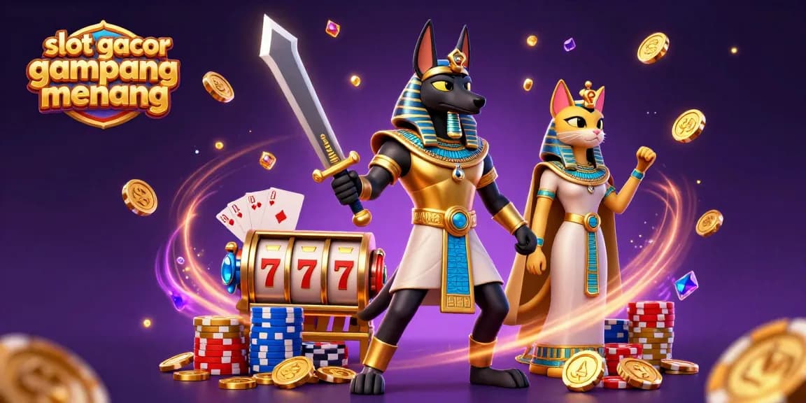 Experience slot gacor gampang menang with Anubis and Bastet amidst spinning reels and cascading coins.