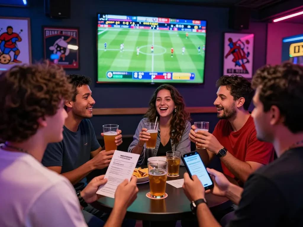 Teman-teman yang menikmati lounge taruhan olahraga yang hidup dengan fitur link mix parlay yang disorot selama Piala Dunia 2026.