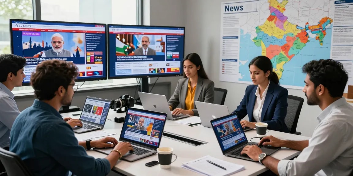 Dynamic newsroom at https://www.theindaily.com showcasing diverse journalists collaborating on India's latest news updates.