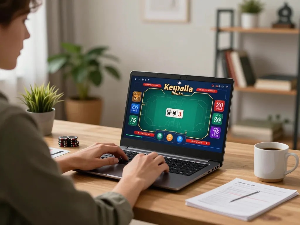 Engaging in online poker strategies at trang chủ 98win with a laptop in a cozy home setting.