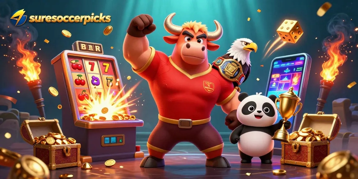 Suresoccerpicks showcases energetic winning strategies with a dynamic 3D casino scene featuring a bull mascot, eagle, and panda.