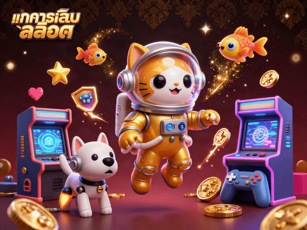 Try ทดลองเล่นสล็อต with a vibrant, detailed 3D illustration showcasing an astronaut cat and robot dog in a cosmic casino.