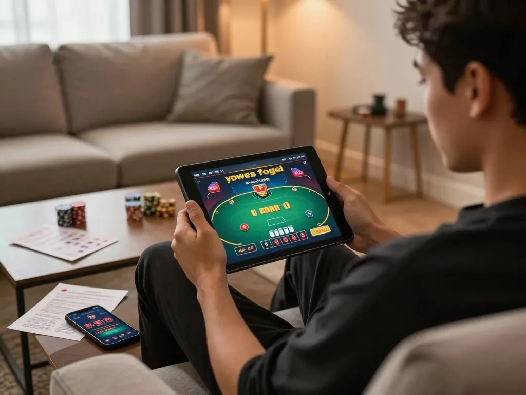 Engaging home scene of yowes togel gameplay on a tablet highlighting dynamic betting strategy in a cozy atmosphere.
