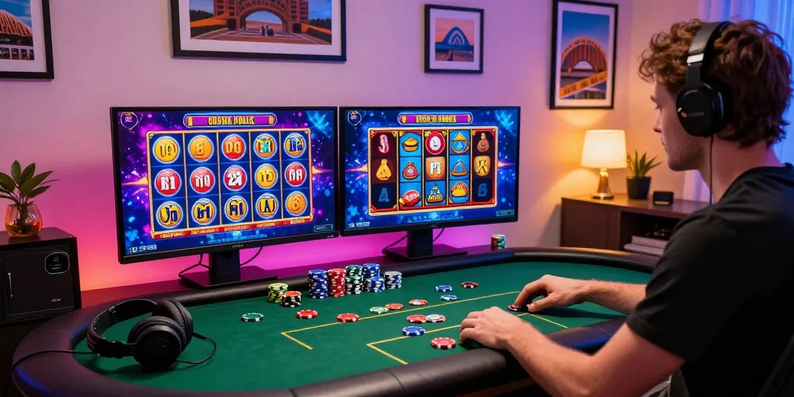Engaged player enjoying online casinos australia with vibrant poker graphics and casino chips in a modern home office.